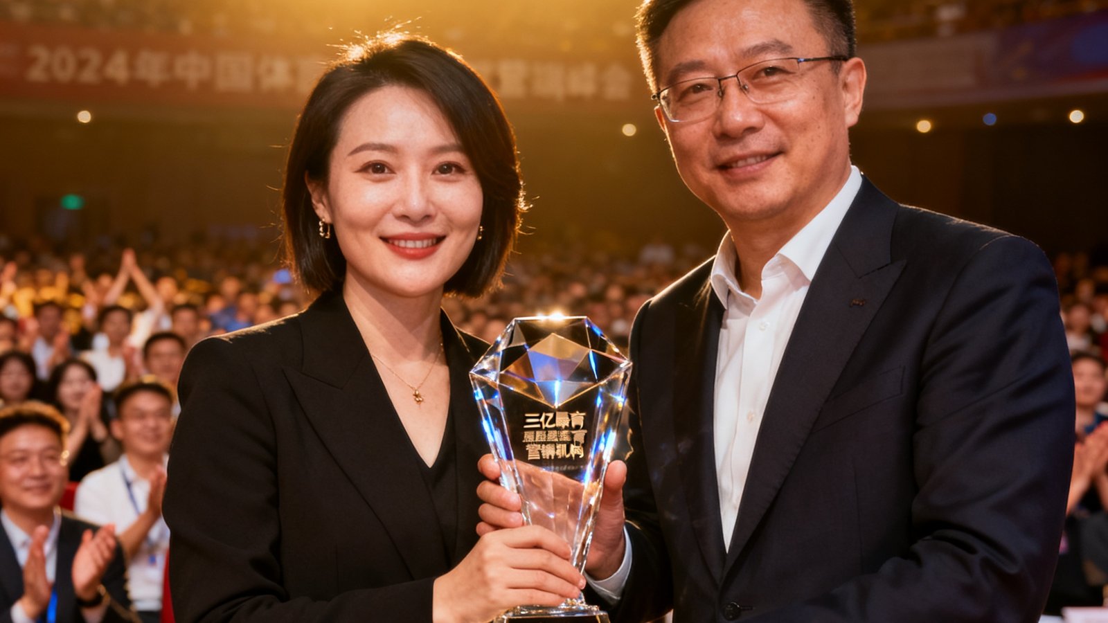 三亿体育获得行业奖项的现场照片：在2024年中国体育营销峰会的颁奖典礼上，三亿体育联合创始人林薇从颁奖嘉宾手中接过'年度最佳体育营销机构'的水晶奖杯，舞台灯光璀璨，台下观众鼓掌祝贺。