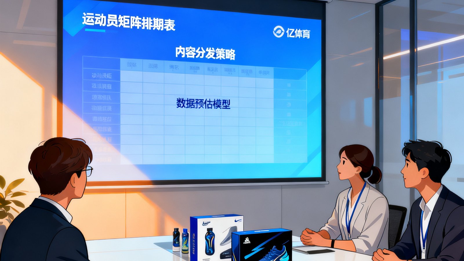 品牌体育营销全案场景图：三亿体育的策略团队在一间明亮现代的会议室内向品牌客户演示体育营销方案，投影屏幕上显示着运动员矩阵排期表、内容分发策略和数据预估模型，桌面上摆放着品牌产品样品和数据分析报告。
