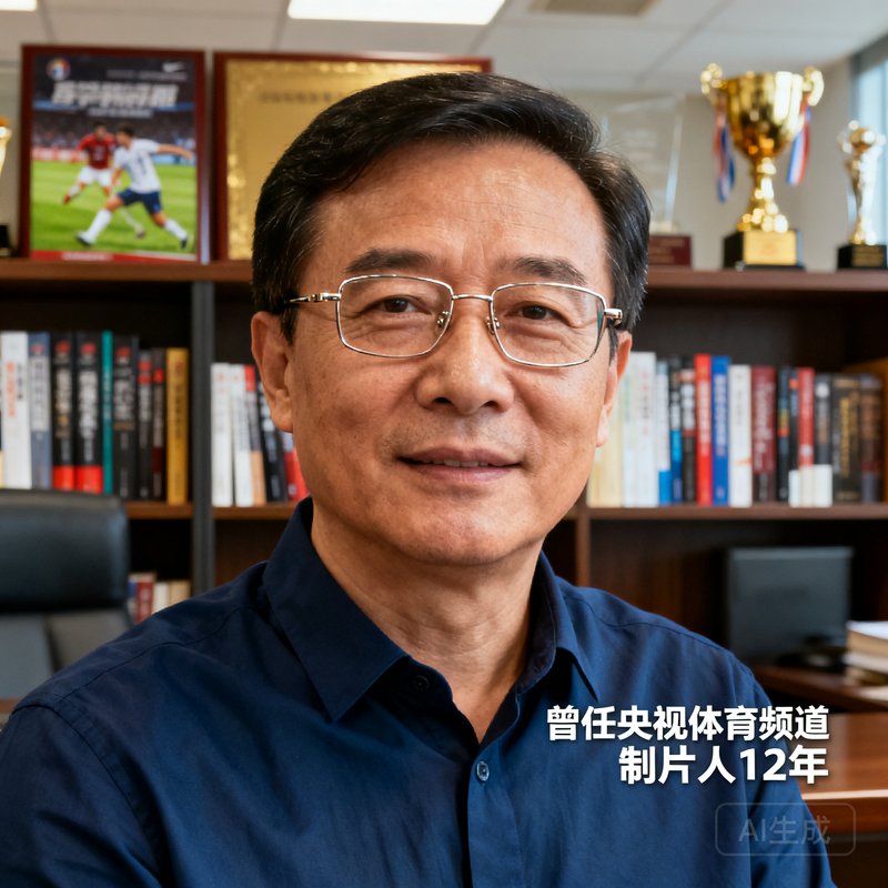 三亿体育创始人兼CEO张磊的肖像照：一位45岁左右的中年男性，戴着金属框眼镜，穿着深蓝色衬衫，气质沉稳而富有亲和力，背景为公司办公室内的书架，书架上摆放着体育类书籍和奖杯。他曾任央视体育频道制片人12年。