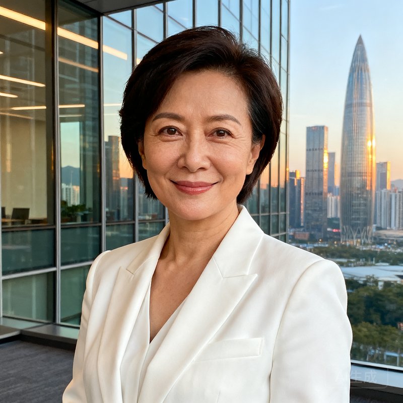 三亿体育联合创始人兼COO林薇的肖像照：一位38岁左右的女性，短发干练，穿着白色西装外套，背景为深圳办公室的玻璃幕墙，远处可见城市天际线。她曾在腾讯体育担任商务总监6年，负责品牌合作与商业变现。