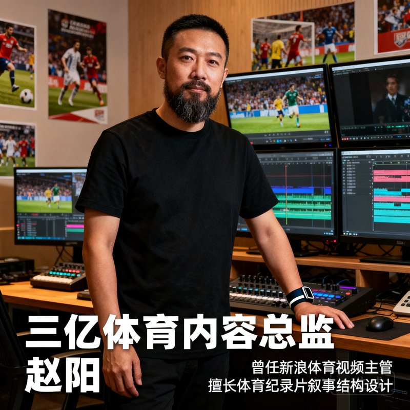 三亿体育内容总监赵阳的肖像照：一位35岁左右的男性，留着精心修剪的短胡须，穿着黑色T恤，手腕上戴着运动手环，背景为视频剪辑工作室，多台显示器上显示着剪辑时间线。他曾任新浪体育视频主管，擅长体育纪录片的叙事结构设计。